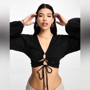ASOS Crop Top Puff Sleeve Top Lace Up Black Deep V Front Y2K 4 S
